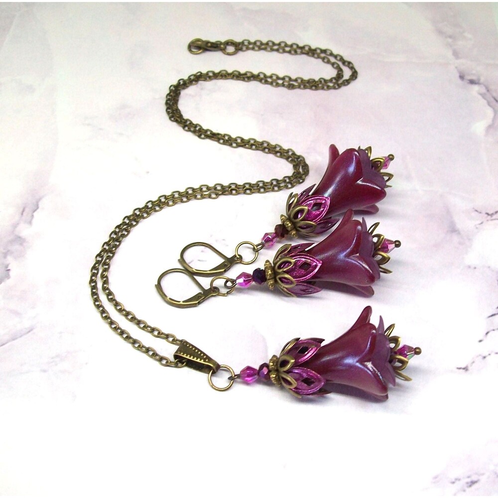 Art Nouveau Jewelry Set, Antique Bronze, Hand Painted Artisan Crafted Flower Jew